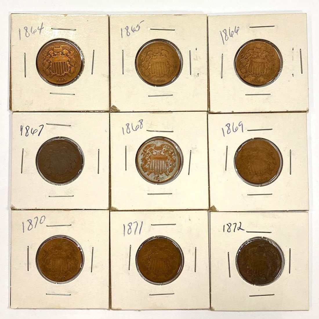 Group of (9) 1864-72 2-Cent Pieces (1 of 2)