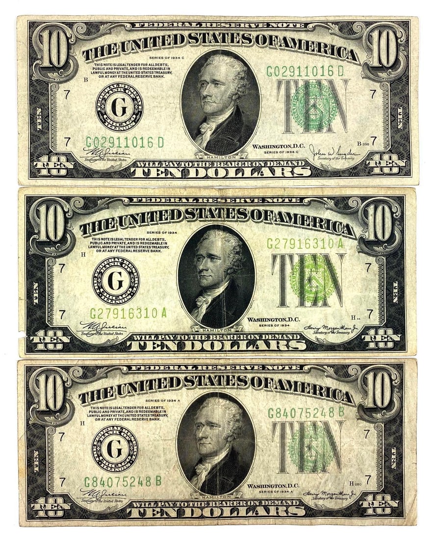 Group of (3) $10 Green Seal Federal Reserve Notes (1 of 2)