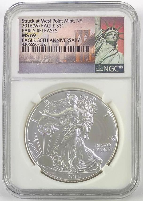Struck at West Point Mint, NY 2016 W American Silver Eagle Early Releases 30th Anniversary (NGC) (1 of 2)