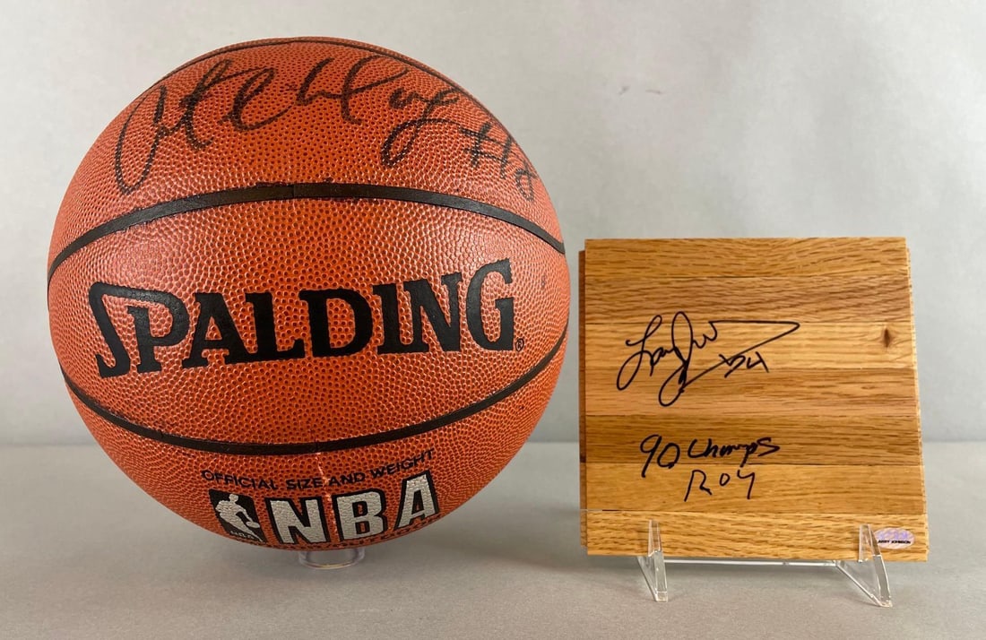 Antoine Walker Signed Basketball and Larry Johnson Signed Floor Tile with COAs: Antoine Walker #8 JSA Certification and Larry Johnson #4 and UNLV 90 Champ and ROY Inscriptions with a GT Sports Marketing COA