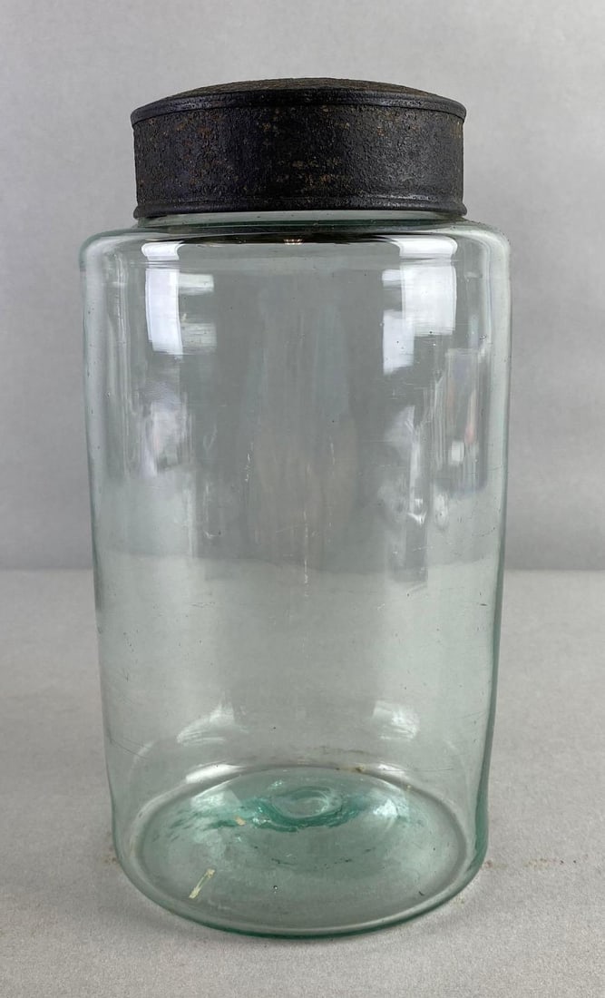 Antique General Store Aqua Glass Candy Jar: Pontil mark, measures 7 3/4 x 4 inches