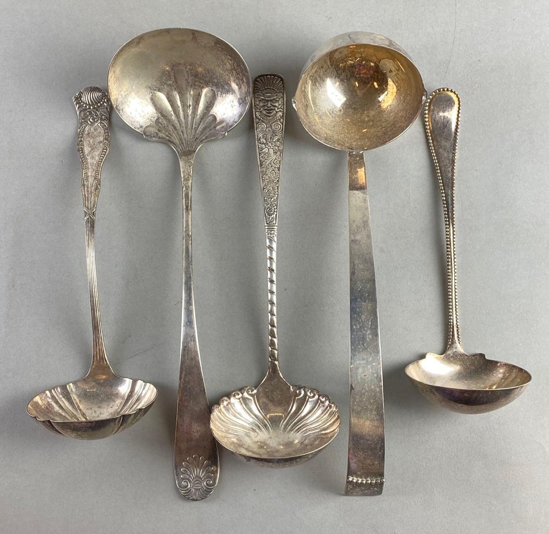 Group of 5 Antique Silver Plate Ladles: All backs marked with company names, includes C. Rogers and Bros., Pairpoint, Royal Hickman, and more. Condition consistent with age, largest measures 13 1/2 x 3 1/2 x 3 1/4 inches