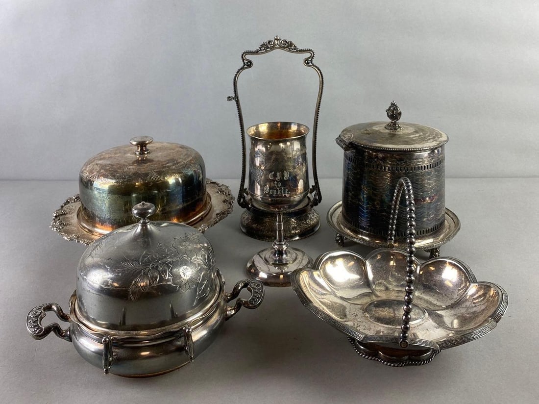 Group of 6 Antique Silverplate Dishes: Includes lidded dishes, chalice, and more. Bottoms marked, Largest measures 6 x 8 3/4 inches