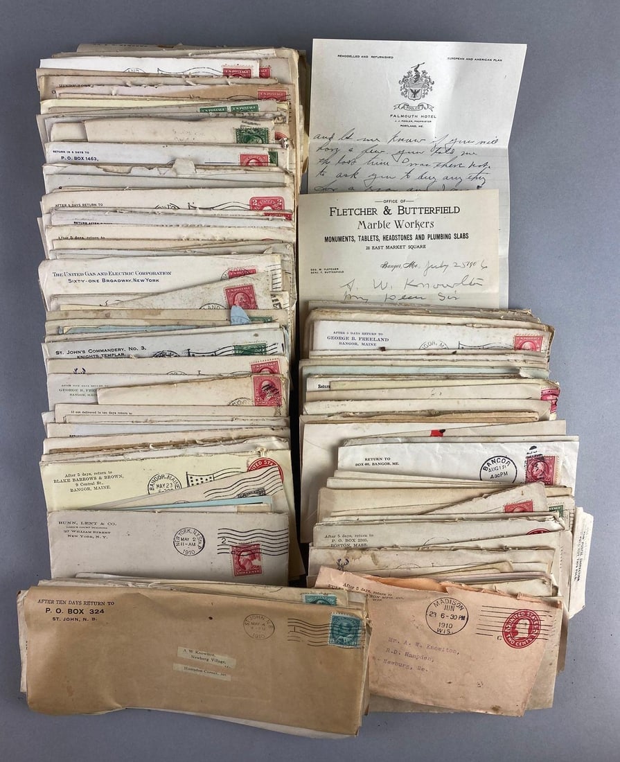 1800's -1920's Advertising Group of 130+ Antique Ephemera Letterheads General Store Correspondence: Marked Maine, Boston, New Jersey, and more. Discoloration, parts torn