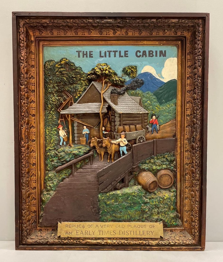 Vintage Early Times Distilling The Little Cabin Plaster Advertising Sign: NO IN-HOUSE SHIPPING AVAILABLE. 3rd party shipper recommended. Hand painted, some discoloration. Measures 45 1/2 x 37 1/4 x 4 1/4 inches