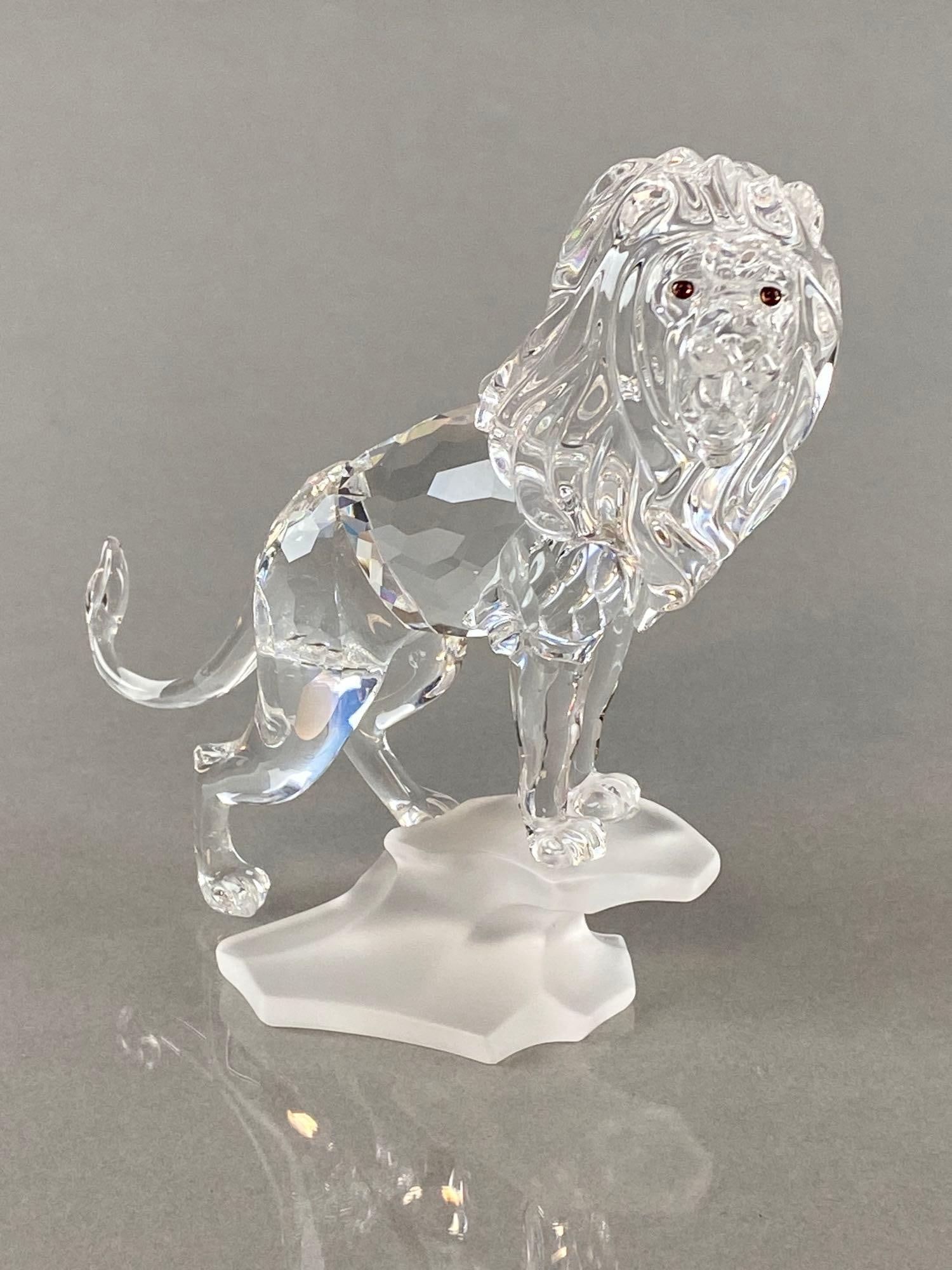 Swarovski Crystal Lion on Rock with Box: With Box, Box measures 7 3/4 x 7 3/4 x 6 3/4 inches.