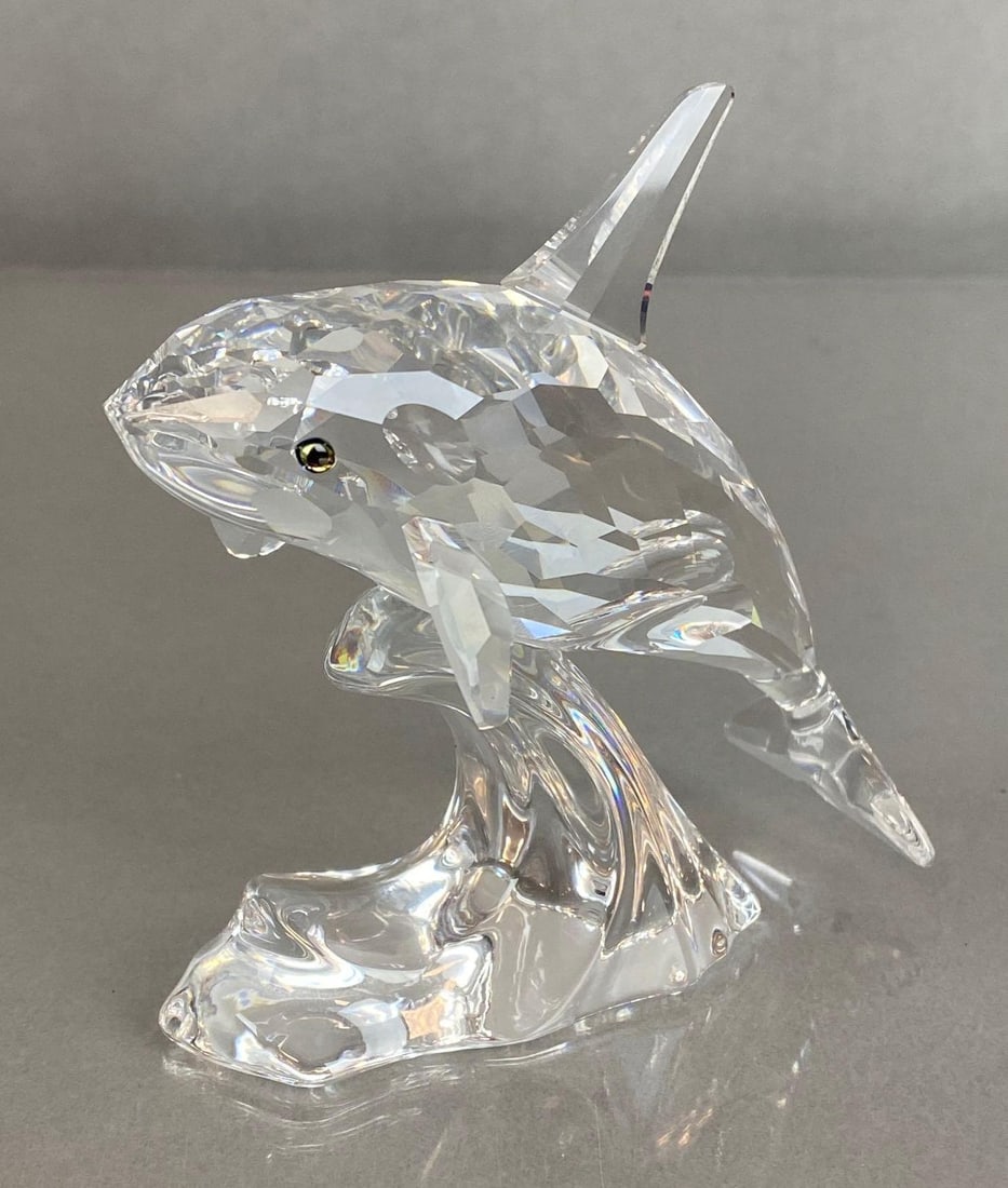 Swarovski Crystal Orca Whale with Box: Figure measures 4 x 4 x 2 1/2 inches, Box measures 8 x 7 1/2 x 4 1/2 inches.