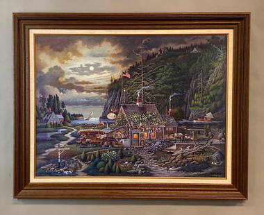 Charles Wysocki Moonlight and Roses in Olde Maine Giclee Print on Canvas: Artist signature on bottom right corner, Masters Limited Edition AP No. 27/30, Frame measures 29 x 36 1/2 inches, Canvas measures 23 x 30 inches.