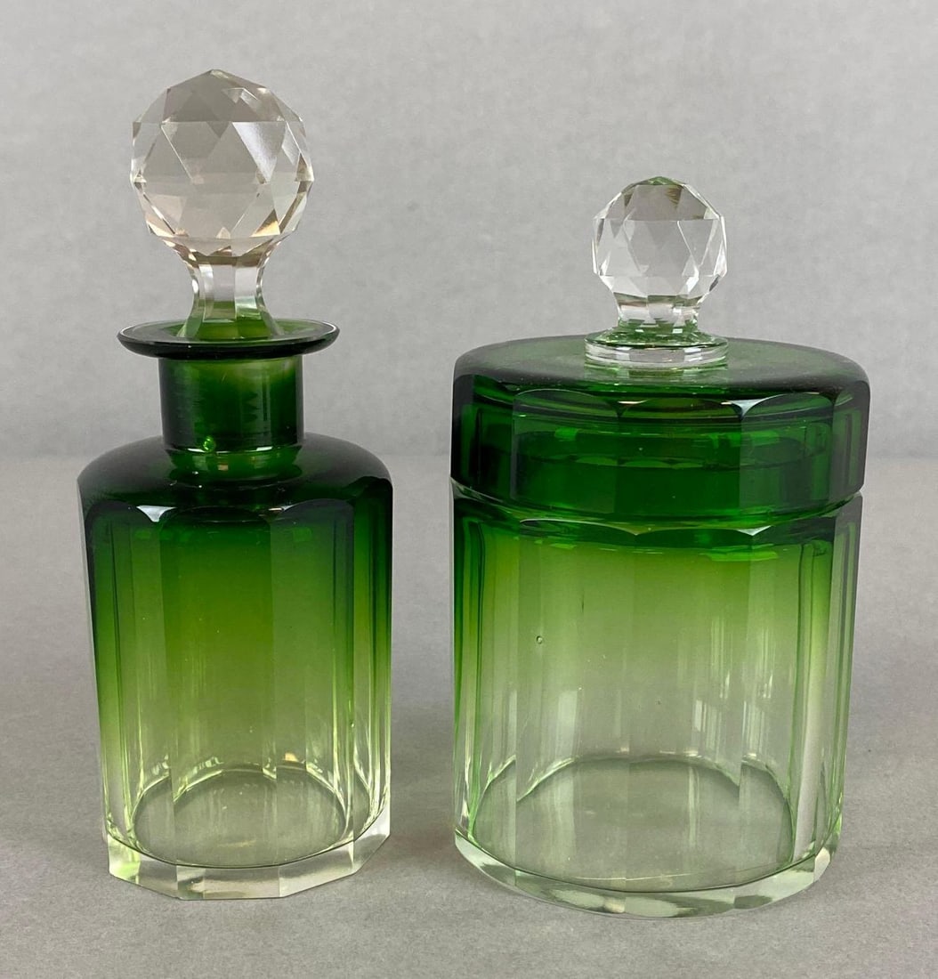 Group of 2 Art Deco Green Glass Vanity Dresser Set Items (1 of 5)