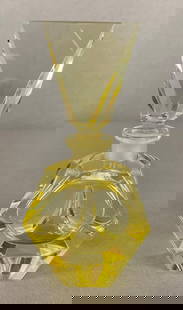 Bohemia Cut Yellow Vaseline Glass art Deco Perfume Bottle: With stopper measures 6 x 3 x 3 inches.