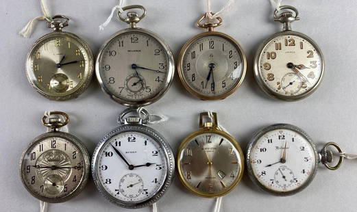 Group of 8 Assorted Open Face Pocket Watches: Includes Bulova, Reliance, North Star, and more. Nickel and Metal, 1 in working condition, 1 face cracked, largest measures 2.239 inches across