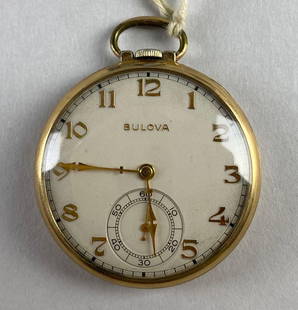 Antique 10K Rolled Gold Plate Bulova Open Face Pocket Watch: Not in working condition, 15 jewels, Swiss, measures 1.676 inches across