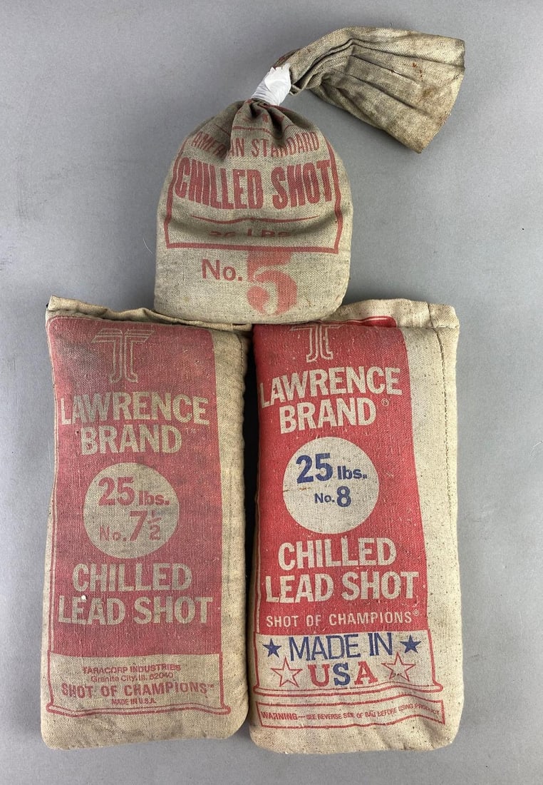 Group of 3 Bags of Lawrence Brand Chilled Lead Shot: 25lb bags, 2 sealed, 1 opened, bag measures 12 x 5 3/4 inches