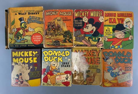 Group of 8 Vintage Walt Disney Childrens Books and More: Includes Mickey Mouse and the 7 Ghosts, Donald Duck Says Such Luck, Silly Symphony, and more, Some with loose binding and pages, Largest measures 5 1/4 x 4 1/2 x 1 1/4 inches.