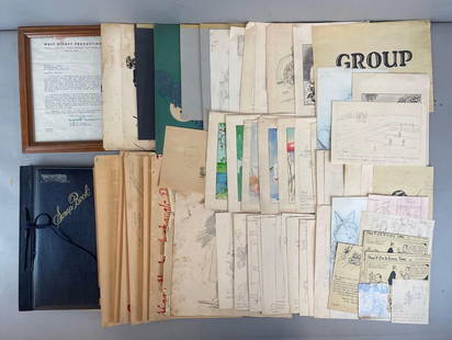 Large Group of Preston Earl Bagent Artwork and Ephemera: 1930s-50s Art by army staff sargeant Includes letter from Walt Disney productions, scrapbook of world travels, drawings, and more. Book measures 13 x 12 1/2 inches