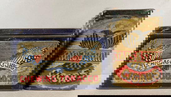 Group of 2 Antique Patriotic Tobacco Tins: Includes Chicago Cubs chewing tobacco, and Stars and Stripes cigars. Largest measures 4 x 6 1/2 x 4 1/2 inches