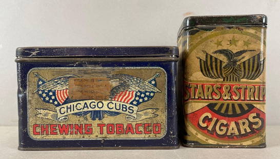 Group of 2 Antique Patriotic Tobacco Tins: Includes Chicago Cubs chewing tobacco, and Stars and Stripes cigars. Largest measures 4 x 6 1/2 x 4 1/2 inches