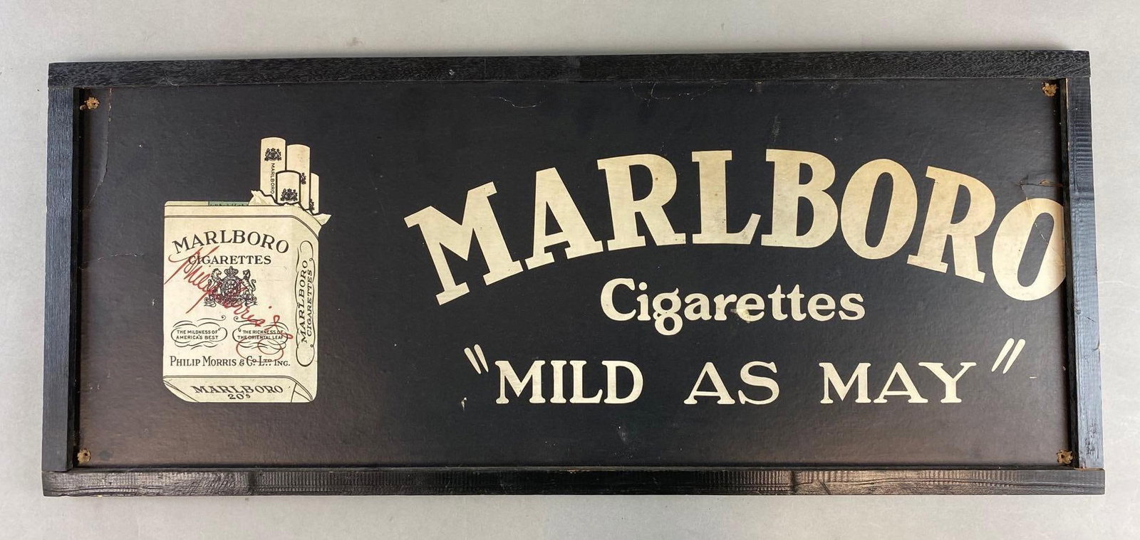 Vintage Marlboro Cigarettes Framed Cardboard Advertising Sign: Mixed condition, measures 13 x 30 1/2 inches