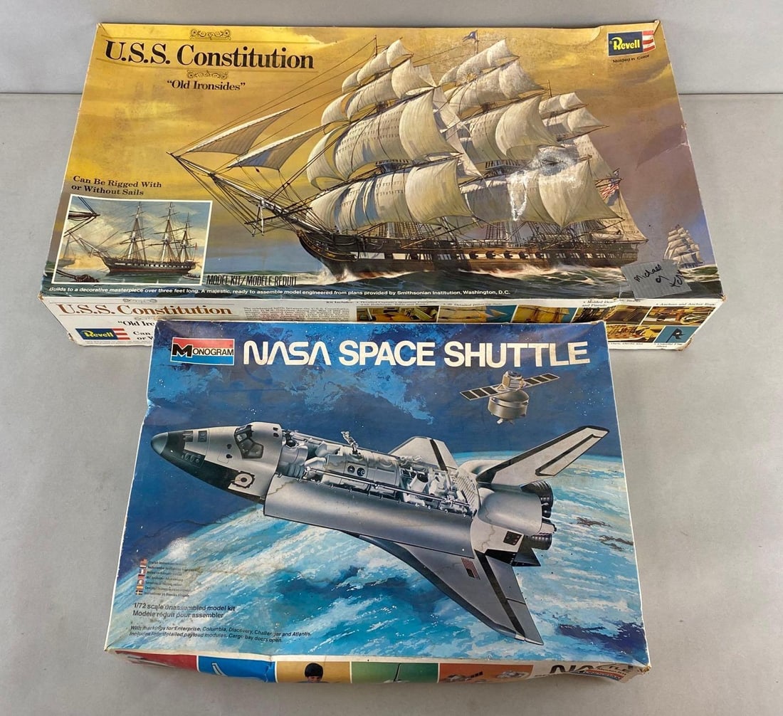 Plastic Model Kits USS Constitution and Space Shuttle: Space Shuttle has pieces missing. Largest Kit measures 16 x 29 1/4 x 5 inches.
