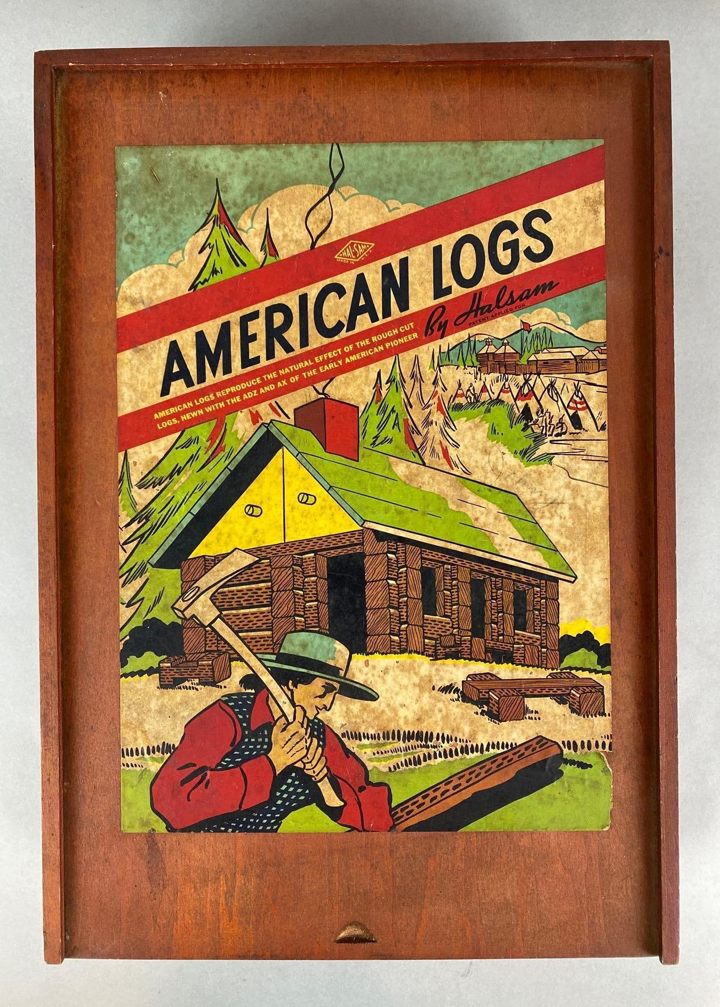 Halsam American Logs Childrens Toy: With original box, Unknown set completion, Box measures 18 3/4 x 13 x 5 inches.