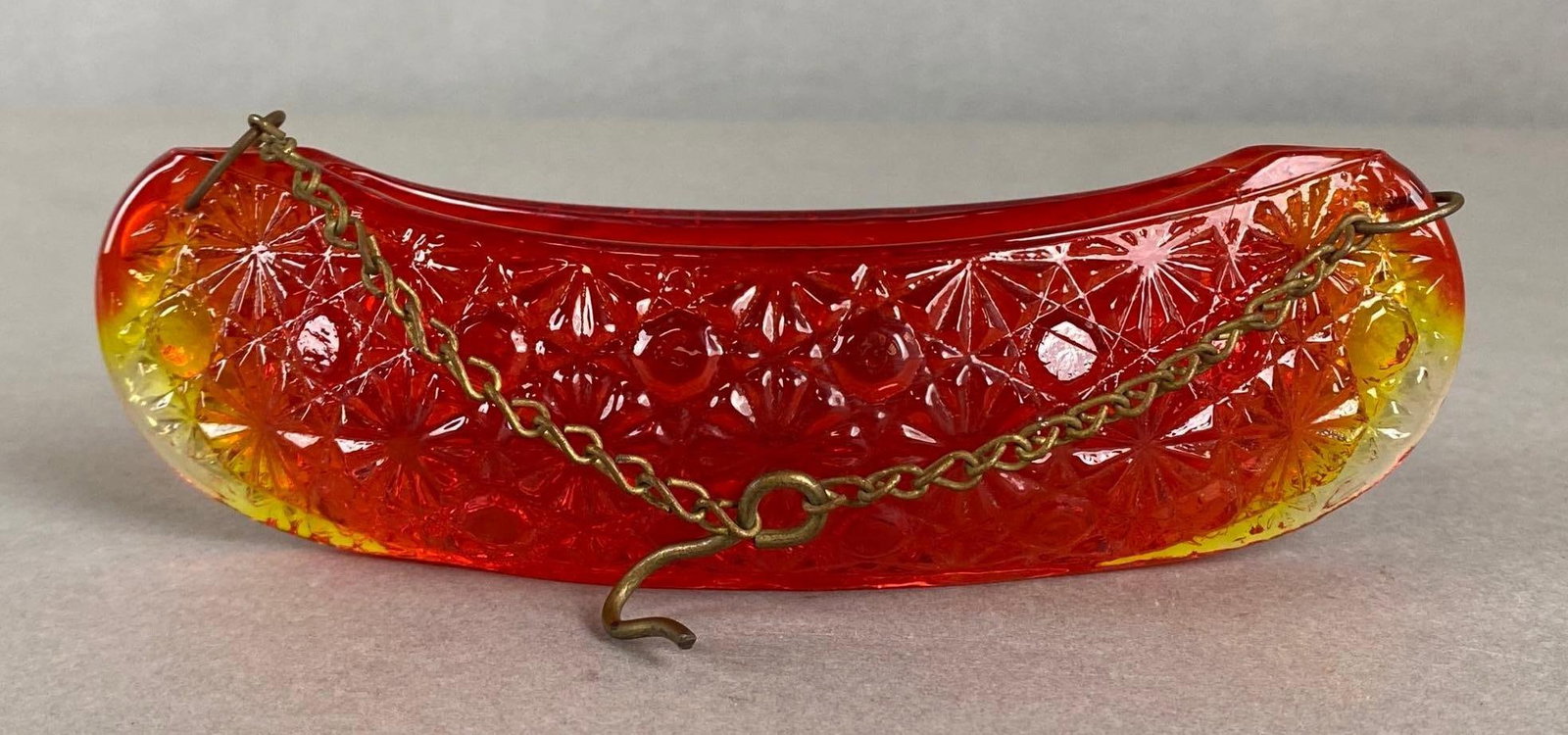 Amberina Buttons and Daisies Canoe Shaped Glass Oil Lamp Matchstick Holder: With chain, Measures 6 1/4 x 2 x 2 inches.