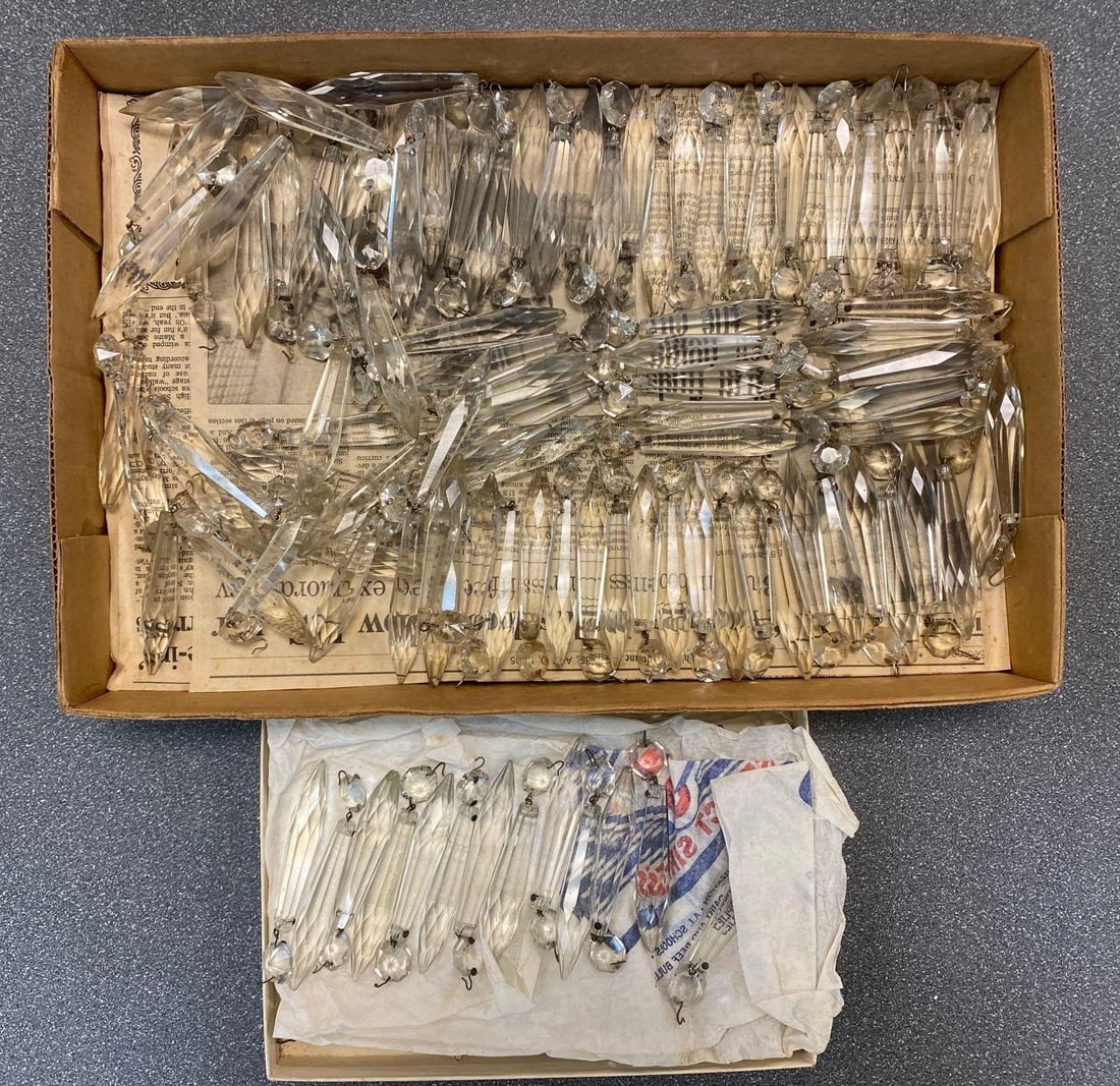 Group of 100+ Clear Lamp Hanging Crystal Prisms: Majority same shape, All measure approximately 4 inches long.