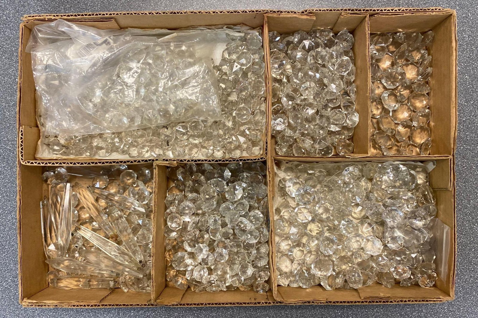 Group of 100+ Clear Lamp Hanging Crystal Prism Buttons and More: Includes some longer prism bases, Longest measures 4 inches long.