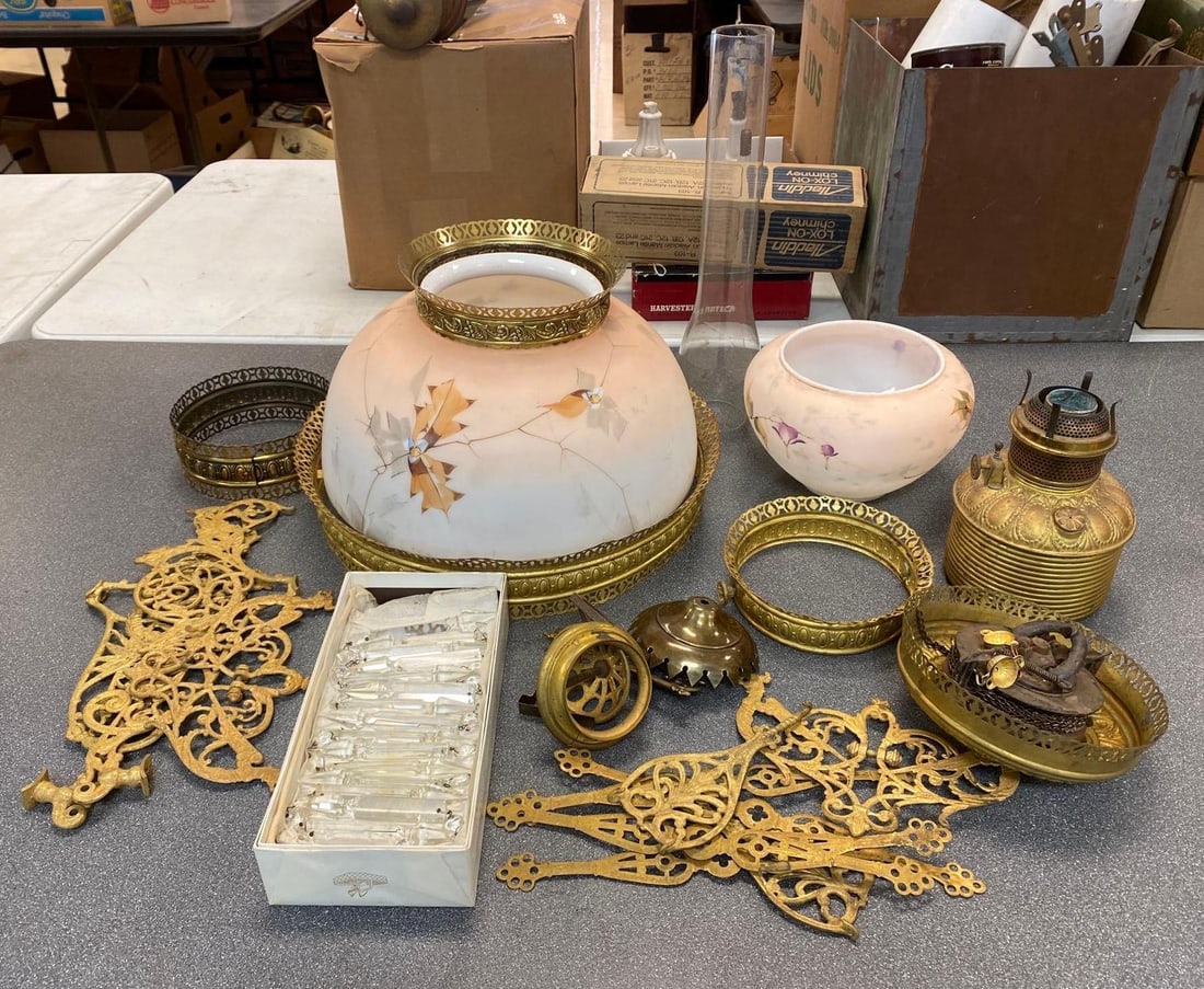 Pink to White Ombre Hand Painted Milk Glass and Brass Hanging Lamp: Unknown set completion, With halos, prisms, fount, and more, Largest shade measures 14 x 14 x 7 inches.