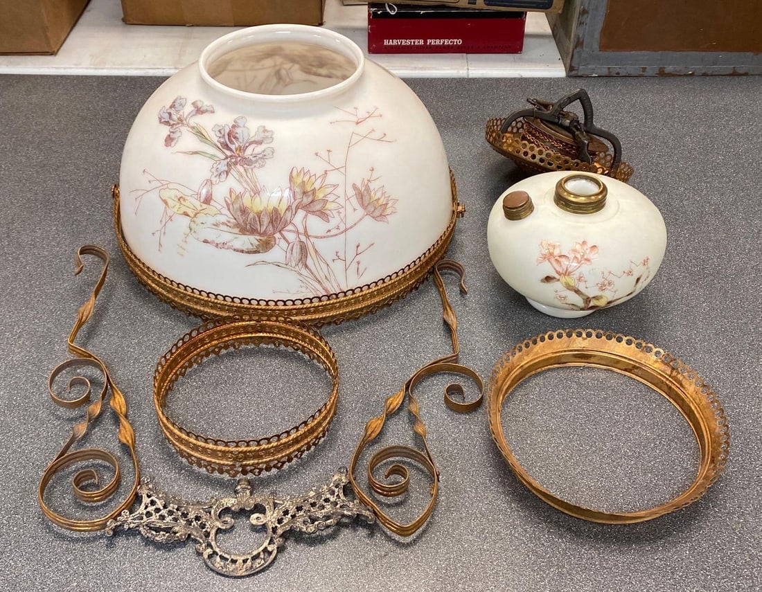 Painted Floral Satin Glass and Brass Hanging Lamp: Missing some pieces, With shade, fount, harp, and more, Shade measures 14 x 14 x 7 inches.