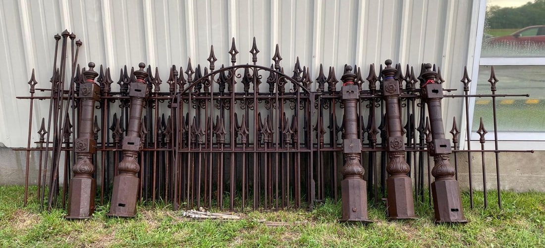 Antique Wrought Iron Fence Panels with Posts: No Shipping Available. Gate measures 48 x 41 inches, (4) Pieces measure 112 inches long, (1) Piece measures 138 inches long. Fencing measures 38 inches tall