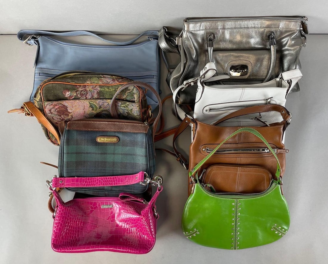 Group of 8 Purses: Includes Polo Ralph Lauren, Nordstrom, Tignanello, and Michael Kors. Largest measures 9 1/2 x 14 3/4 inches