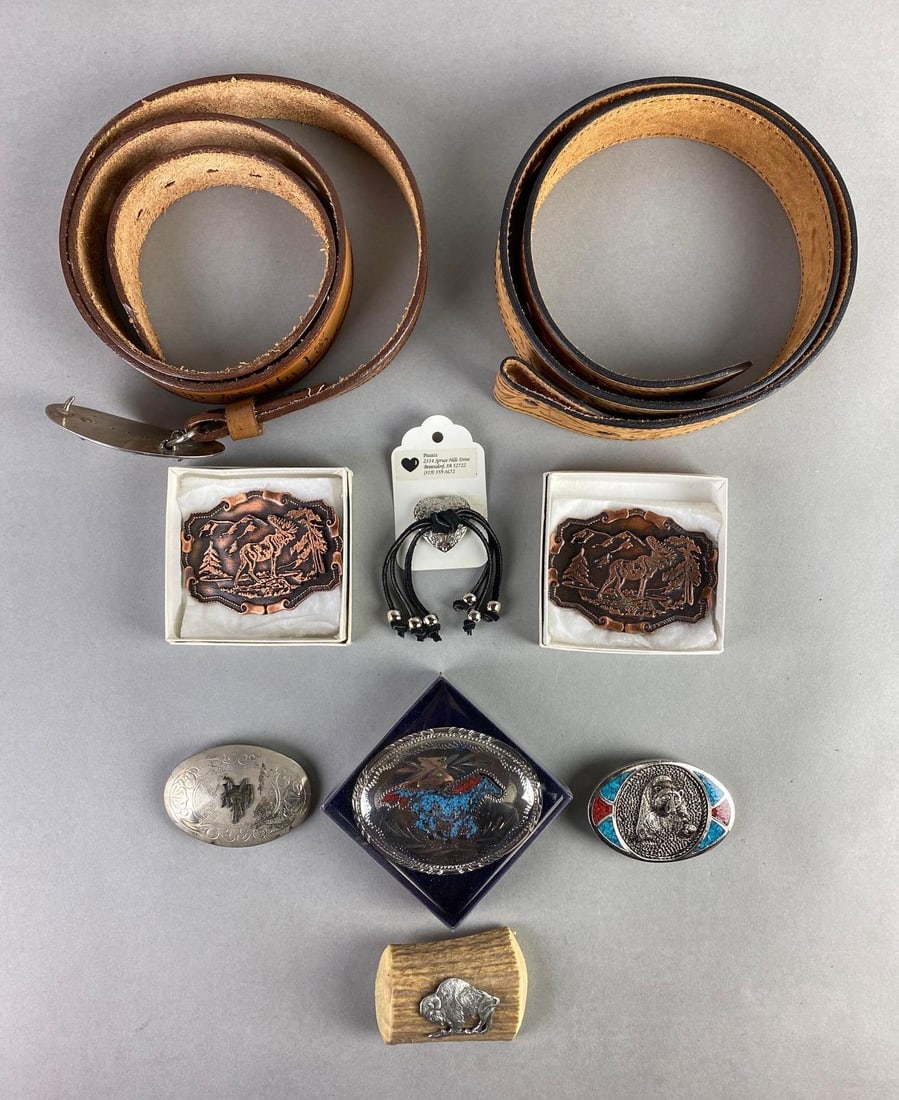 Group of 9 Belts and Buckles: condition consistent with age, largest measures 55 x 2 1/2 inches