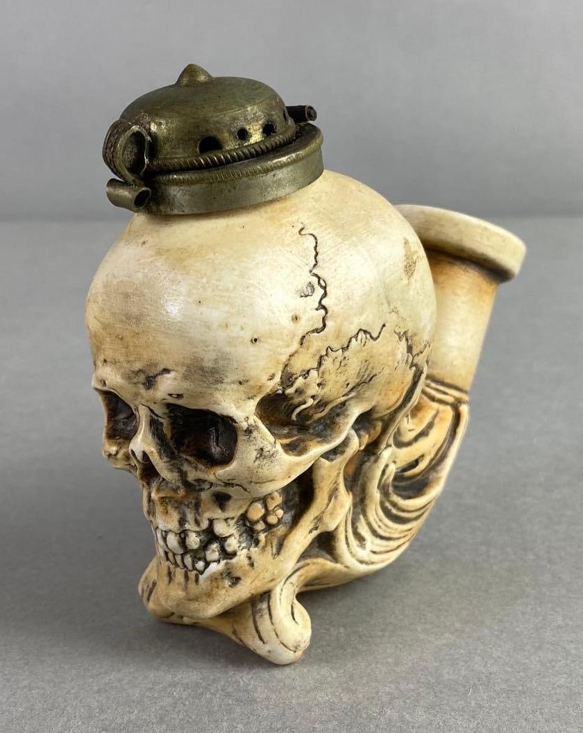 Vintage Skull Tobacco Pipe: Missing stem, condition consistent with age, measures 3 1/2 x 3 3/4 x 1 3/4 inches
