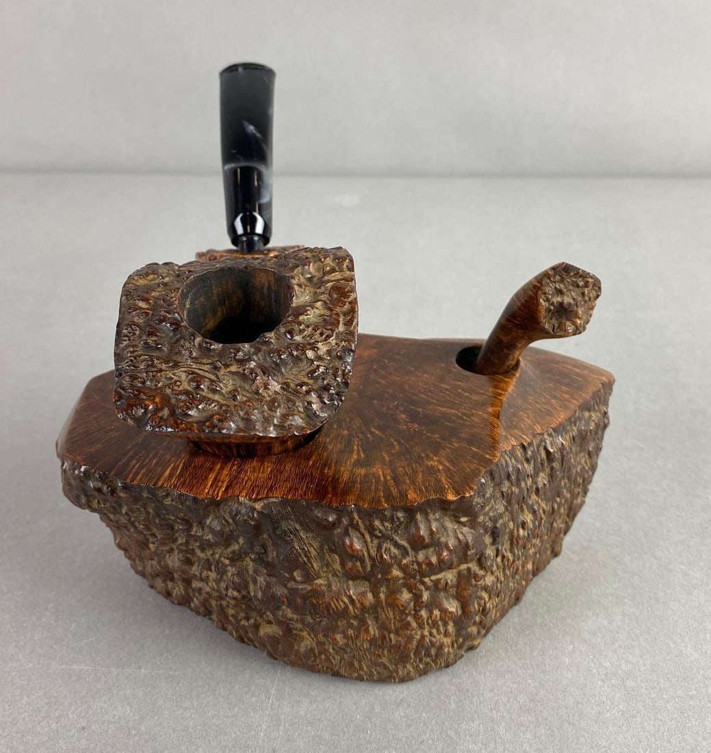 Vintage Sveniar Wood Tobacco Pipe with Stand and Packer: Condition consistent with age, pipe measures 3 1/4 x 5 3/4 x 2 inches, stand measures 6 x 2 1/4 x 3 inches