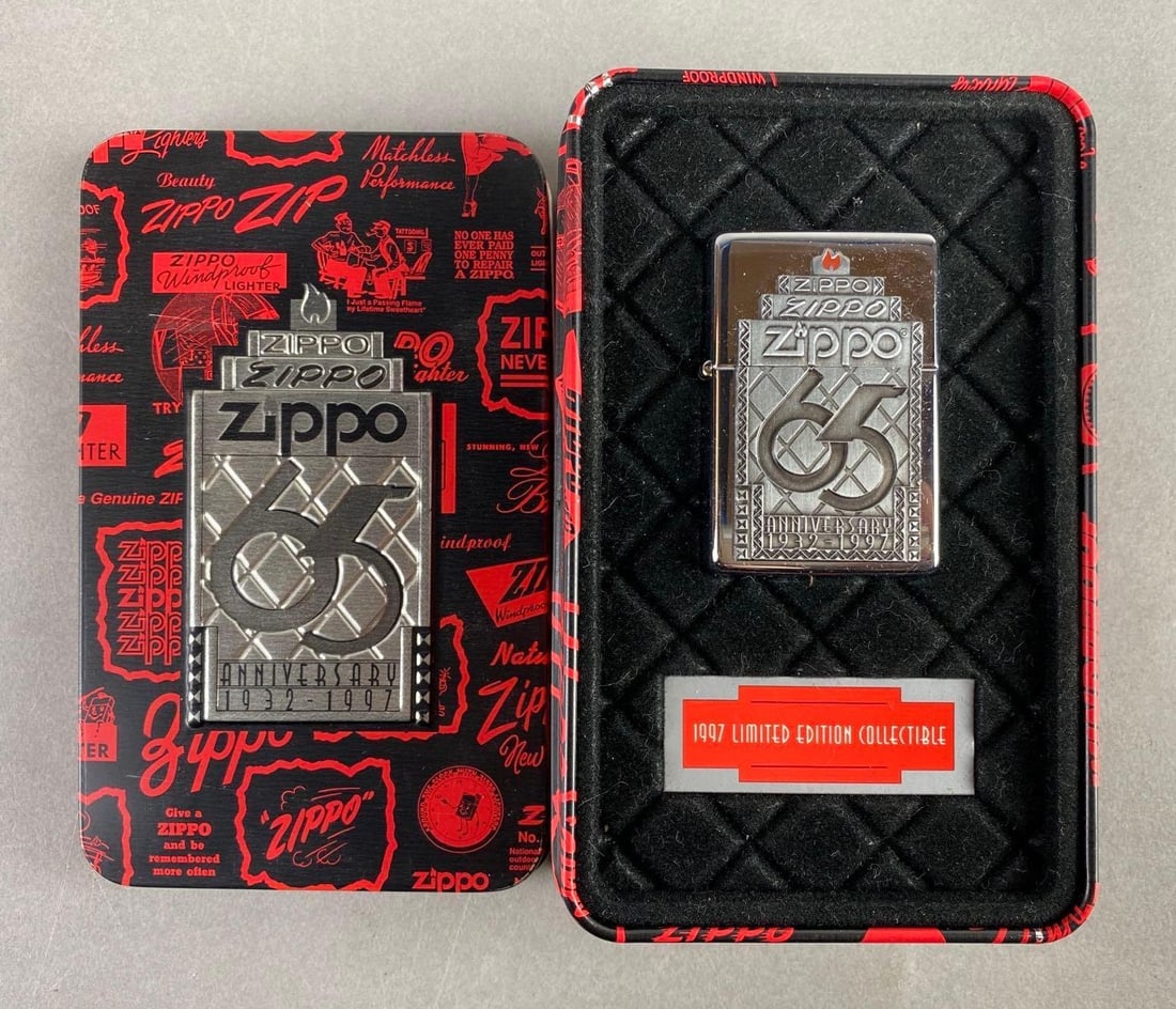 1997 Limited Edition 65th Anniversary Commemorative Zippo Lighter: In original tin case, case measures 5 1/2 x 3 1/2 x 1 3/4 inches
