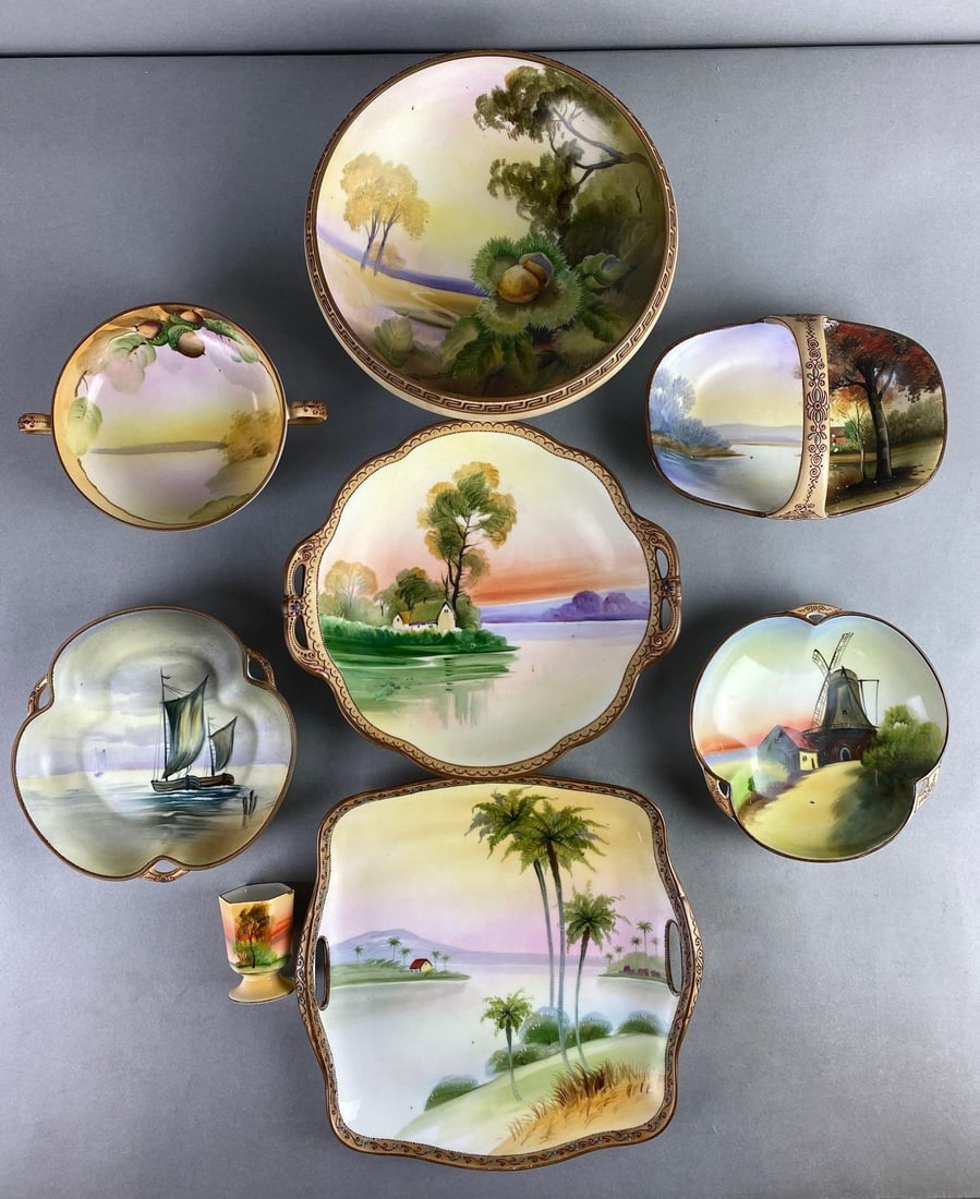 Hand Painted Nippon Porcelain Dishes: Condition consistent with age, largest measures 9 1/2 x 10 x 1 1/4 inches