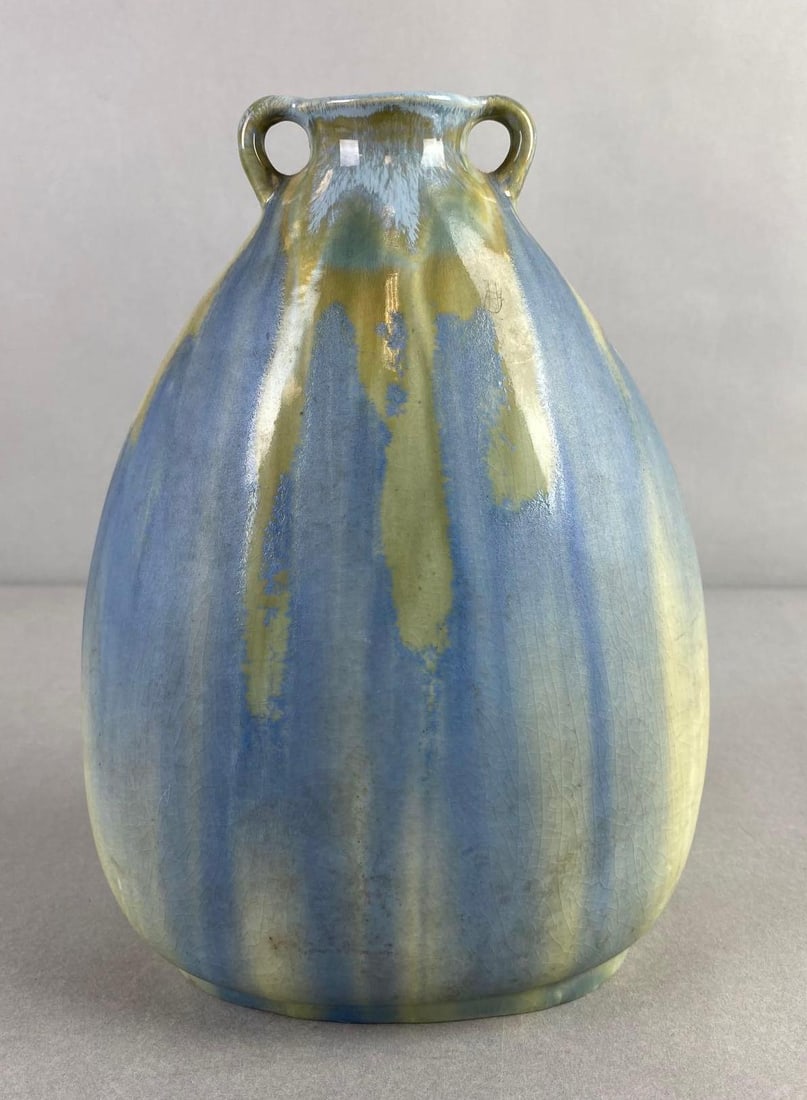 Vintage Belgium Double Handled Drip Glaze Art Pottery Vase: Bottom marked, 2119, crazing, measures 8 x 5 3/4 inches