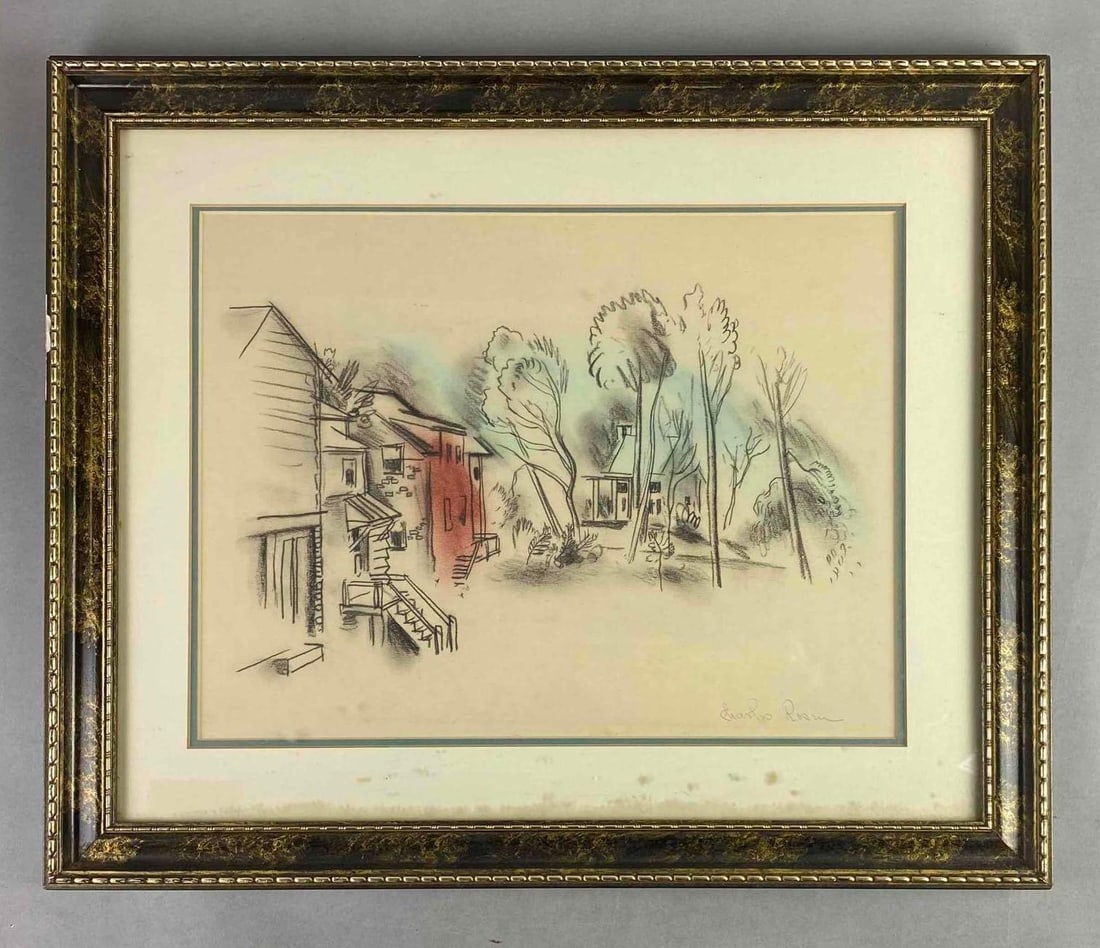 Signed Charles Rosen Town Charcoal Art on Paper: Artist signed - bottom right, artwork measures 10 3/4 x 14 1/2 inches, frame measures 17 x 20 1/2 inches