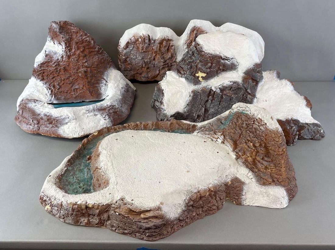 Group of 4 Department 56 Heritage Village Mountains: Includes untested waterfall. Each needs paint touchups. Waterfall measures 10 x 17 1/2 x 16 inches