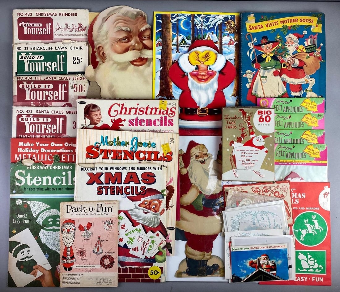 Group of 25+ Christmas Ephemera: Includes appliques, postcards, stencils, and more. Condition consistent with age