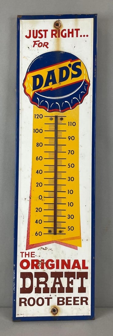 Vintage Dads Root Beer Metal Advertising Thermometer: Working condition Some rust and small dings. Measures 27 x 7 1/4 inches