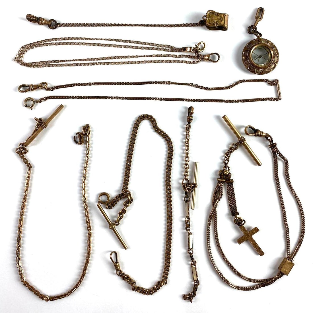 Group of 8 Antique Watch Chains and Compass: As IS Condition. largest measures 15 1/2 inches long