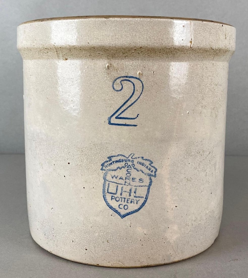 2 Gallon Indiana UHL Pottery Co. Stoneware Crock: Huntingburg Indiana, Acorn Wares, Cobalt Blue, Acorn Stamp, Some surface cracks, Measures 9 x 9 1/2 x 9 1/2 inches.