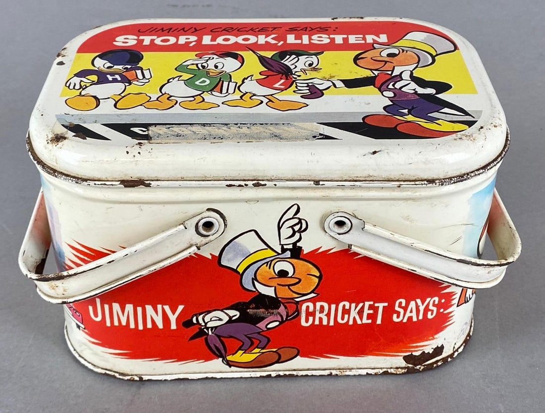 Walt Disney Jiminy Cricket Tin Lunch Box: Featuring Hewey, Dewy, and Louie, Stop Look and Listen, Some rust throughout, Measures 4 1/2 x 7 1/2 x 5 inches.