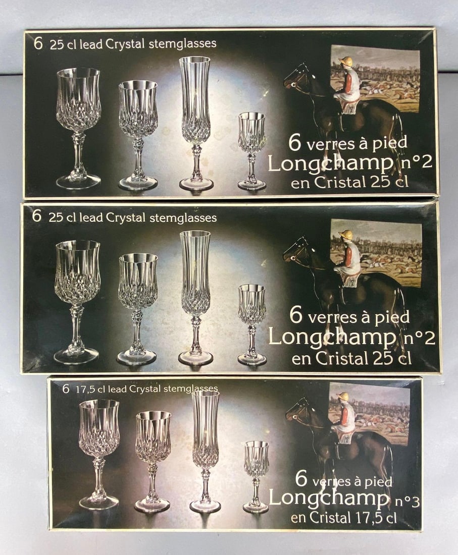 Group of 3 Boxes of Cristal DArques French Crystal Stemware: All with original boxes, Largest box measures 8 x 18 3/4 x 3 1/4 inches.