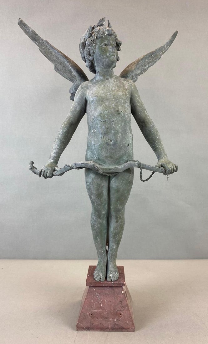 Cast Metal Winged Cupid With Bow Statue with Marble Base (1 of 4)