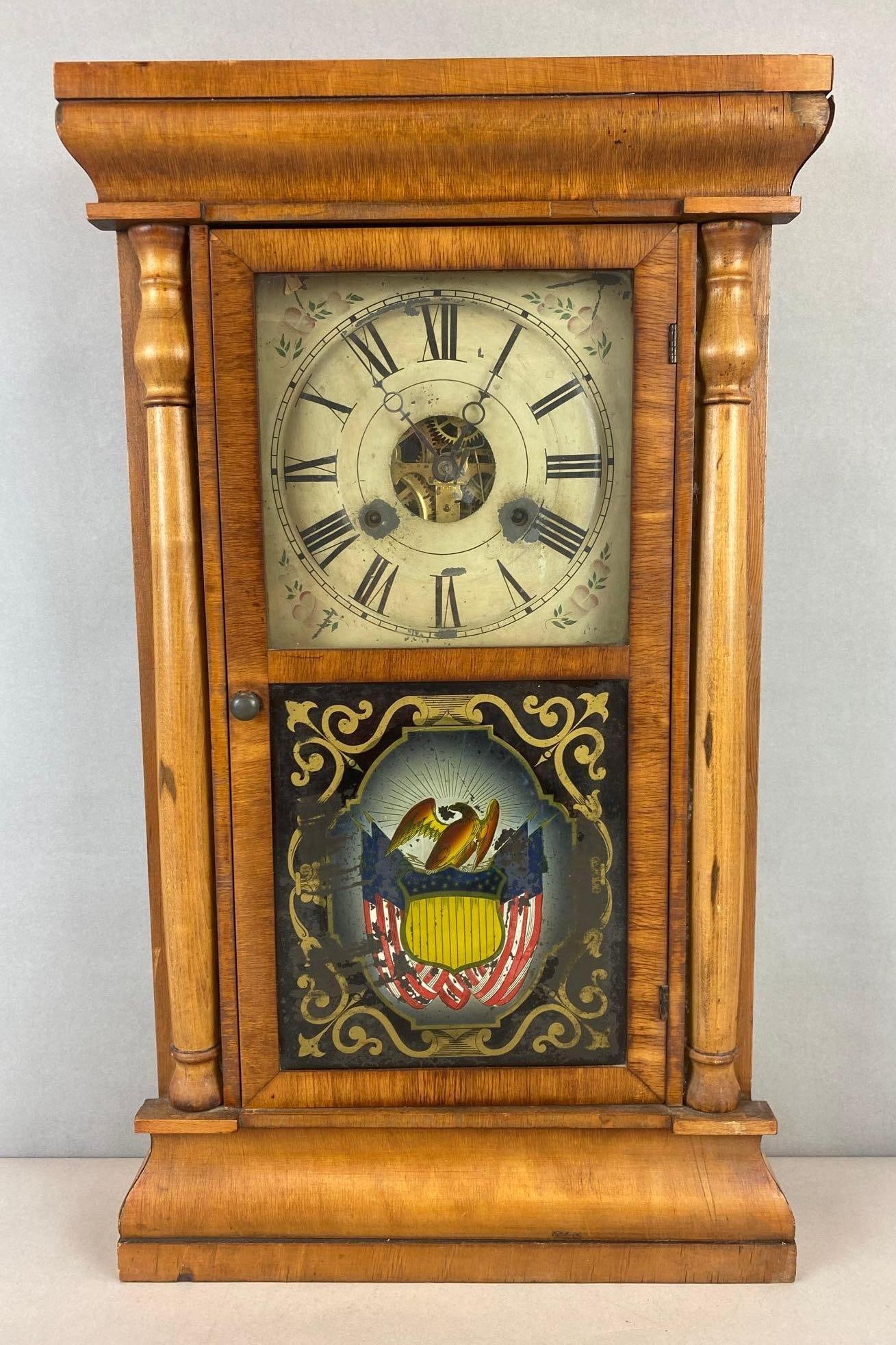 Antique Seth Thomas Glass Door Column Clock Painted Patriotic Shield (1 of 5)