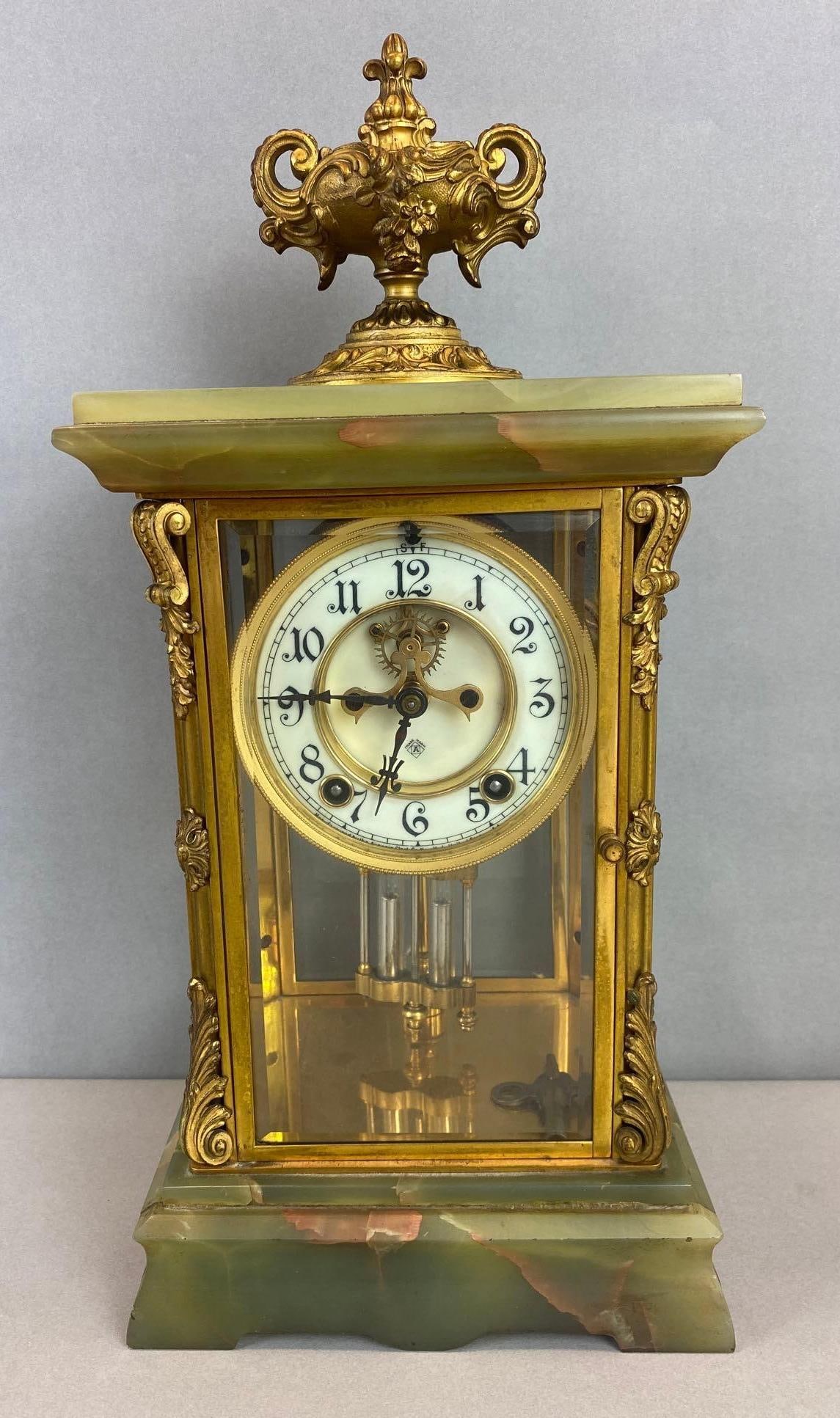 Antique Ansonia Crystal and Onyx Regulator Brass Mantel Clock (1 of 5)