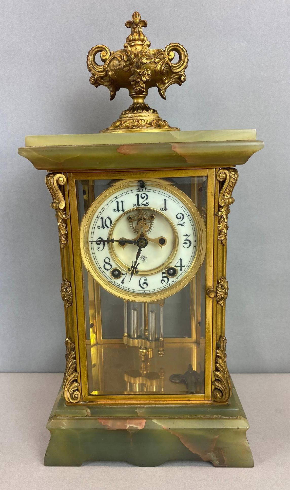 Antique Ansonia Crystal And Onyx Regulator Brass Mantel Clock Auction