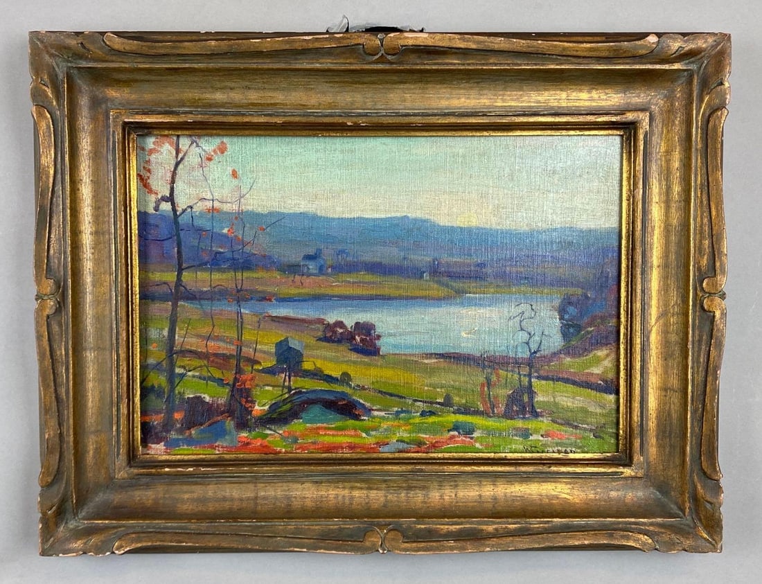 Early 20th Century Impressionist November New England Little Harbor at Sunrise Oil Painting on Board: Artists signature on bottom right corner, Frame measures 16 x 21 inches, Board Measures 10 x 15 inches.